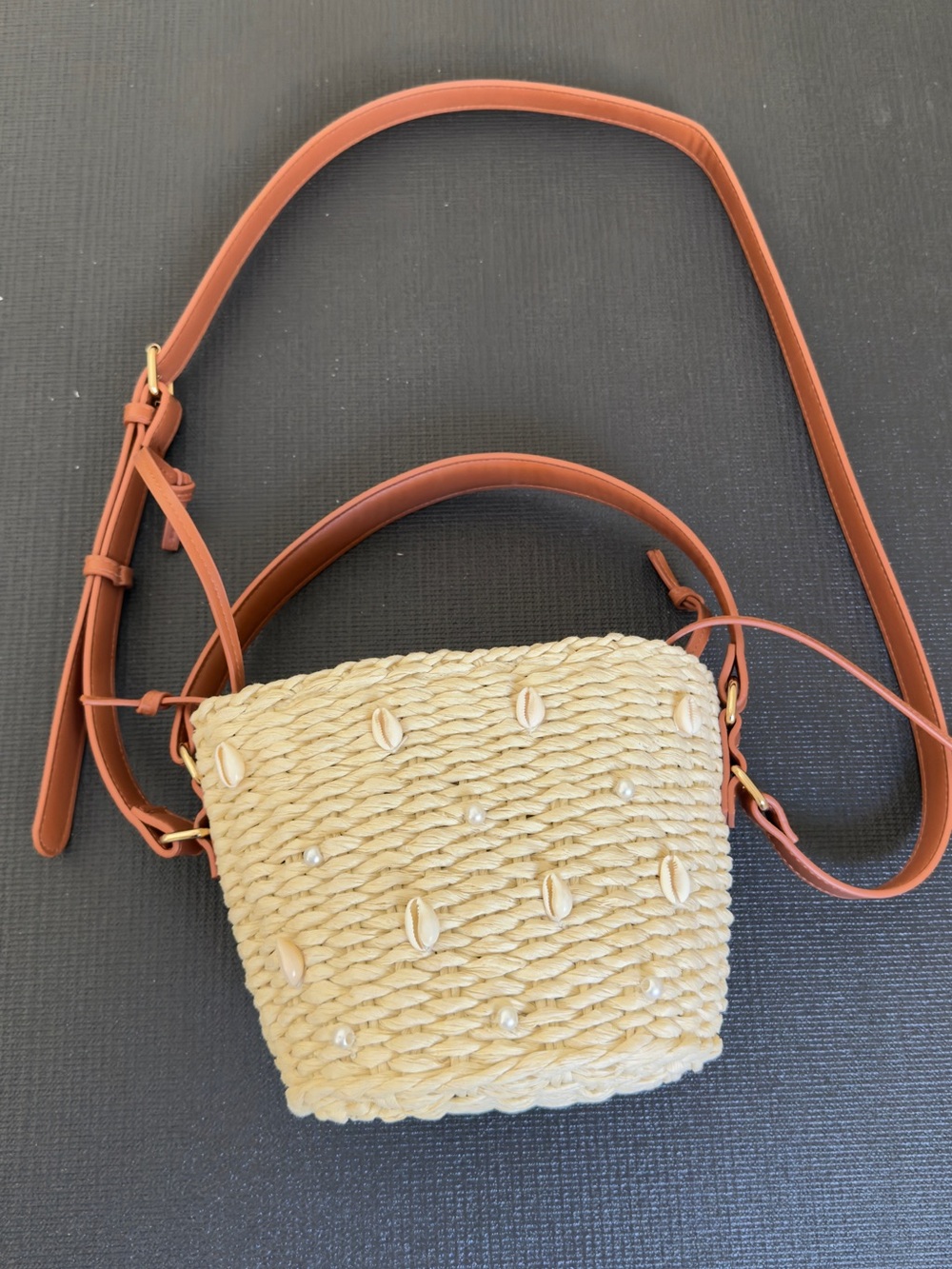 Woven Shell Crossbody Bag with Tan Leather Strap